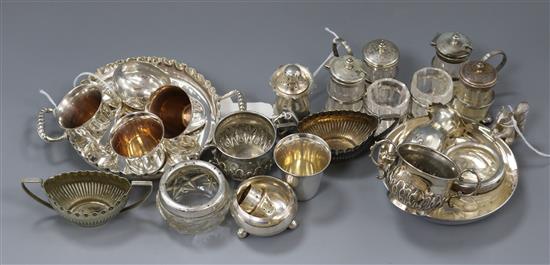 A collection of silver, silver-mounted and plated condiments, etc.,